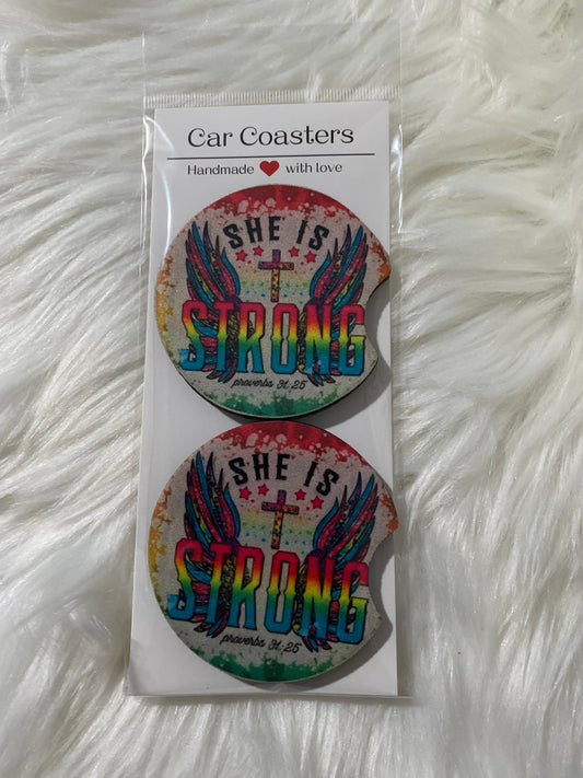 SHE IS STRONG CAR COASTERS
