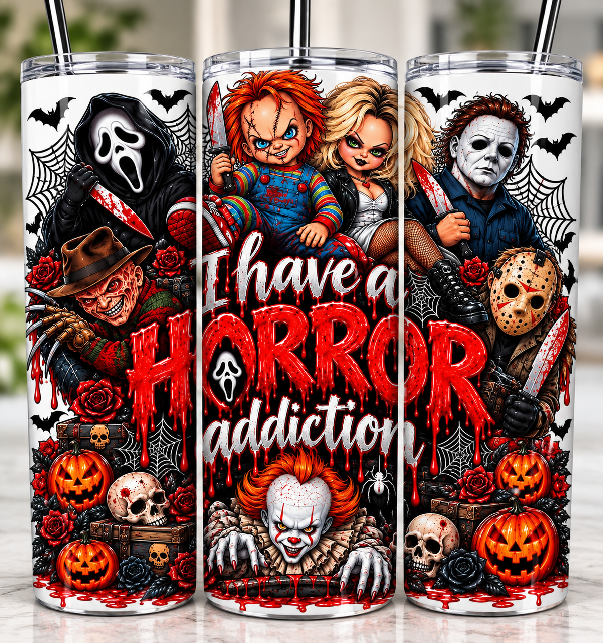 I HAVE A HORROR ADDICTION TUMBLER